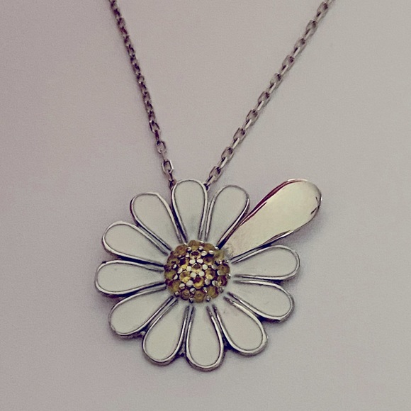 Jewelry - 925 Silver daisy cz initial handmade enamel necklace